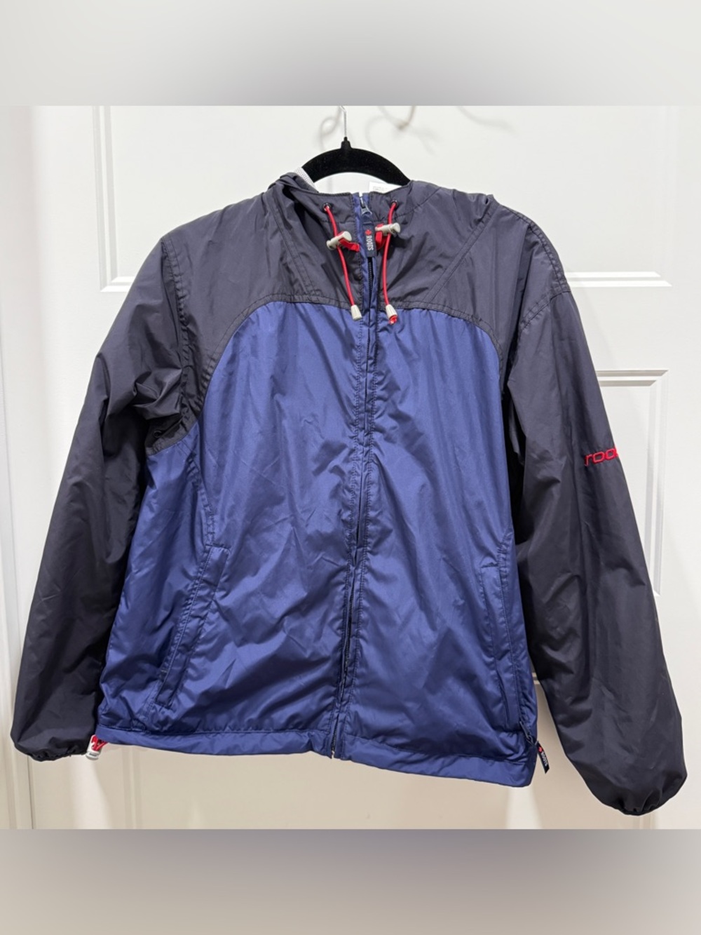 Roots Windbreaker Jacket Mens Medium Blue Gray Hooded Lightweight Full Zip